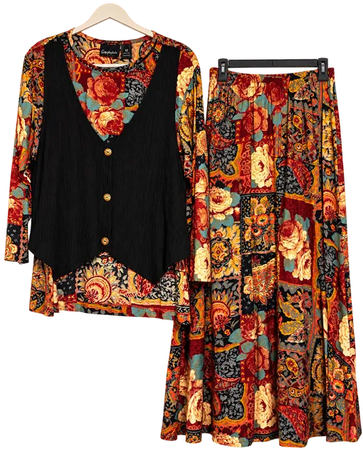 Anthony Mark Hankins 2 Piece Skirt Vest Set Size 12 Boho Floral