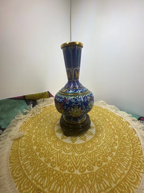 Vintage Chinese Cloisonne Enamel Brass Vase Flower Butterfly With Stand