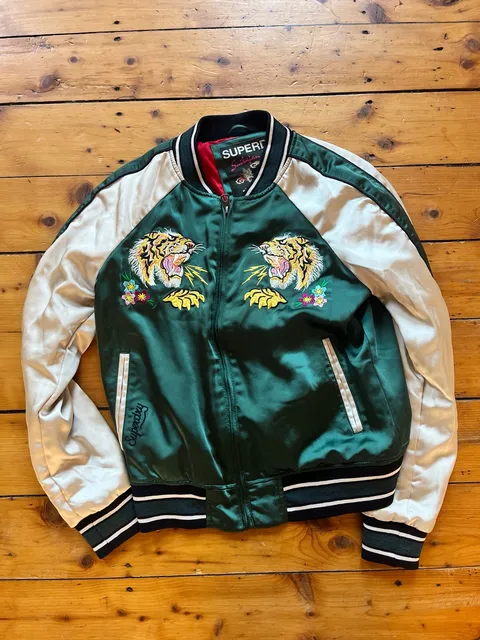 Superdry Suikajan Japan Embroidered Bomber Jacket US 4 Green Tiger