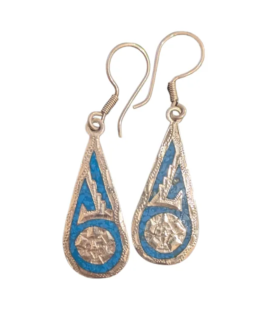 Mexican Sterling Silver Turquoise Mosaic Teardrop Earrings