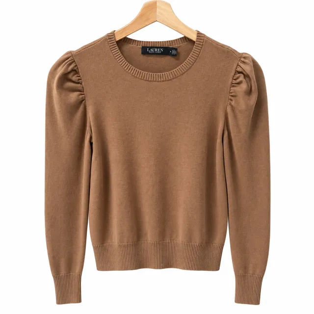 LAUREN Ralph Lauren Tan Puff Sleeve Crew Neck Sweater