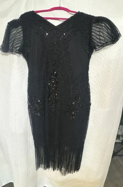 PrettyGuide Flapper Dress Size XL Black Beaded Sequin Fringe Art Deco