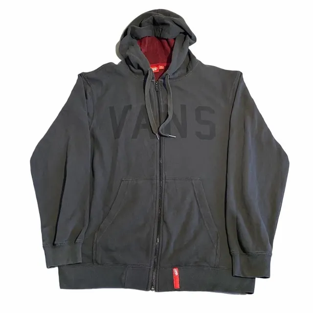 Vans Zip Up Hoodie Size M Charcoal Gray Red Lined Graphic Logo