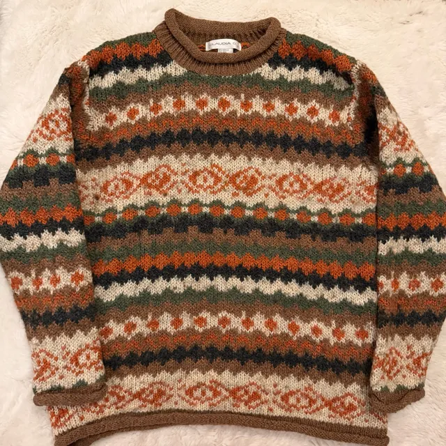 Claudia D. Fair Isle Pullover Sweater Size M Brown Multi Wool Blend
