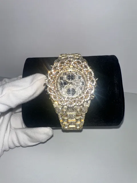 Gold-Tone Iced Out Rhinestone Fashion Watch – Stainless Steel Back