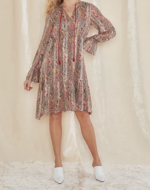 RAGA Floral Metallic Tiered Dress Size XS Brown Red Tassel