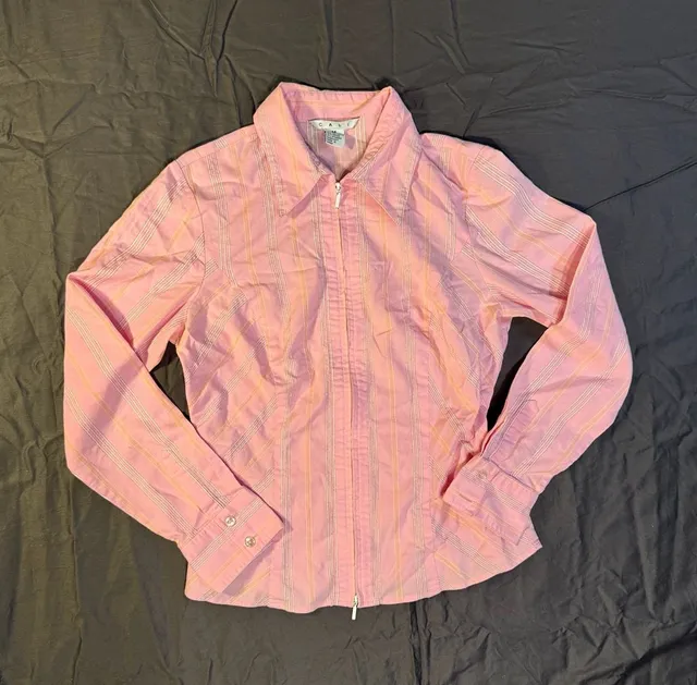 Cabi Full Zip Striped Shirt Size M Pink Long Sleeve Blouse