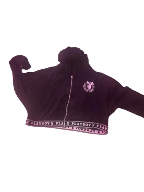 Playboy Velour Zip Up Crop Hoodie Size L Black