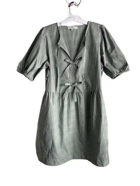 LOFT Puff Sleeve Tie Front Dress Size M Green Cotton