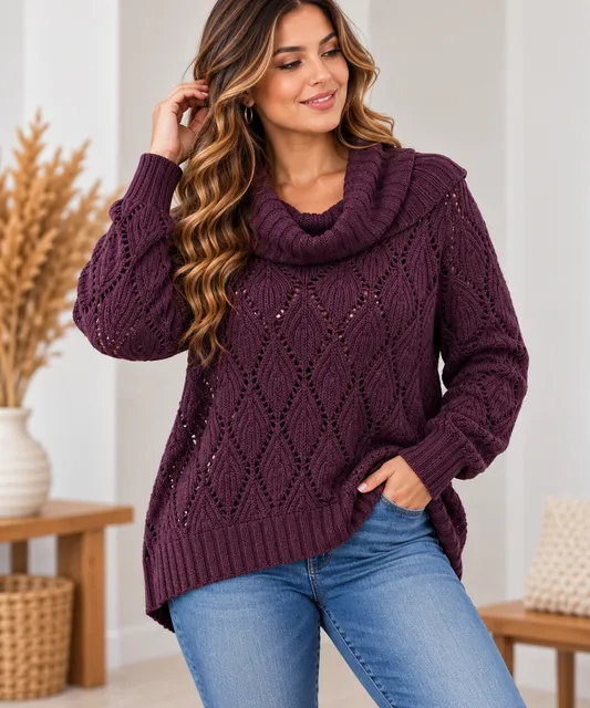 Purple Cowl Neck Cable Knit Sweater