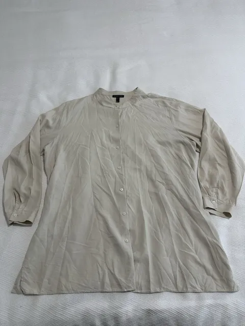 EILEEN FISHER Beige cream Mandarin Collar Button Front silk tunic Blouse - XL