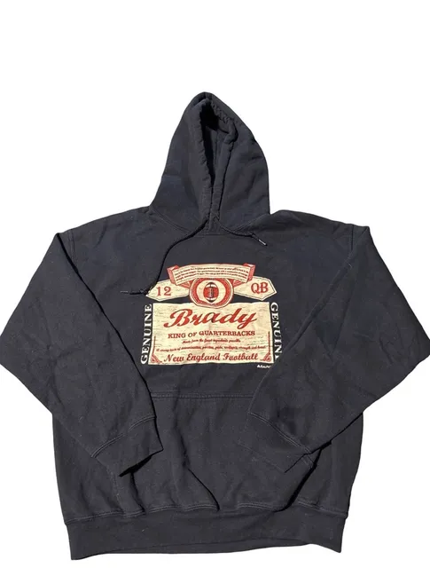 Tom Brady #12 King of Quarterbacks New England Football Hoodie Navy Blue Large