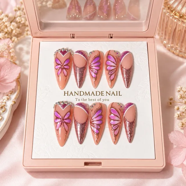 Reusable Pink Butterfly Press On Nails Size L Long Stiletto Rhinestone Set #004