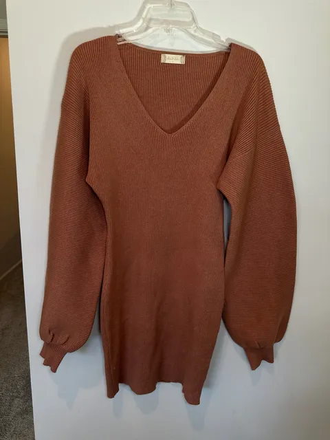 Altar'd State Ribbed V-Neck Sweater Dress Size L Brown Long Sleeve