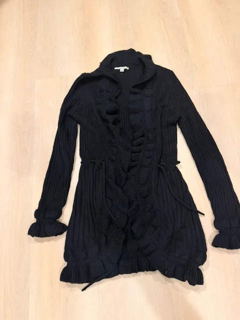 Carolyn Taylor Cardigan Size M Black Ruffle Ribbed Knit Open Front