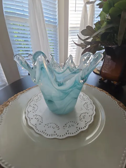 Murano Hand Blown Art Glass Vase Blue White Swirl Splash Rim