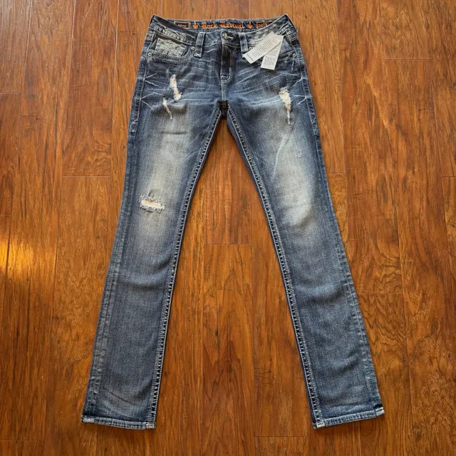 Rock Revival Alivia Straight Jeans Womens 29 Distressed Blue Denim Flap Pock NWT