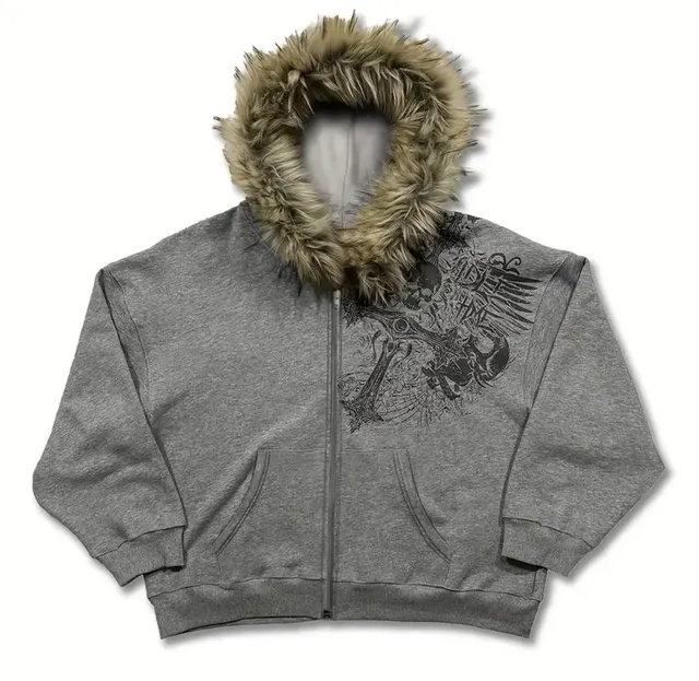 Wuxian Men Retro Streetwear Jacket Fuzzy Hoodie Soft Lined Zipper Up Funny Printed Long Sleeve Comfortable Casual Fit Cozy Stylish Daily Wear,Grey,L - .com,