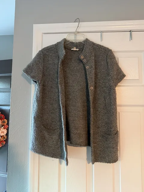 Eileen Fisher Cardigan Sweater Size L Gray Wool Alpaca Short Sleeve Pockets