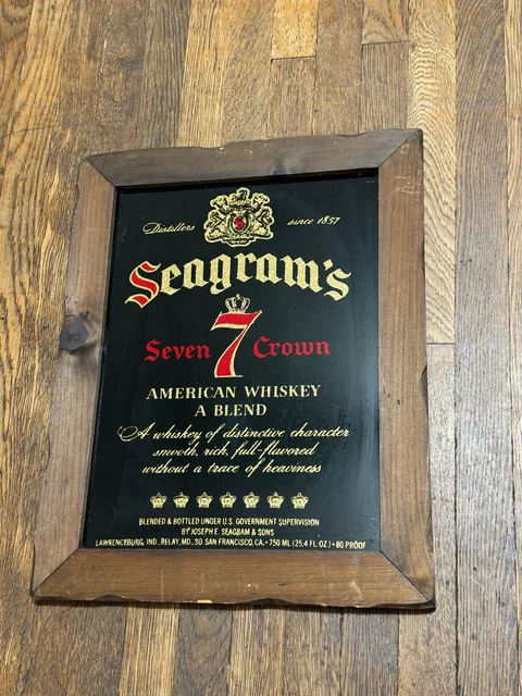 Vintage 70’s 80’s Seagram's Seven Crown Whiskey Wood Framed Bar Pub Mirror Sign