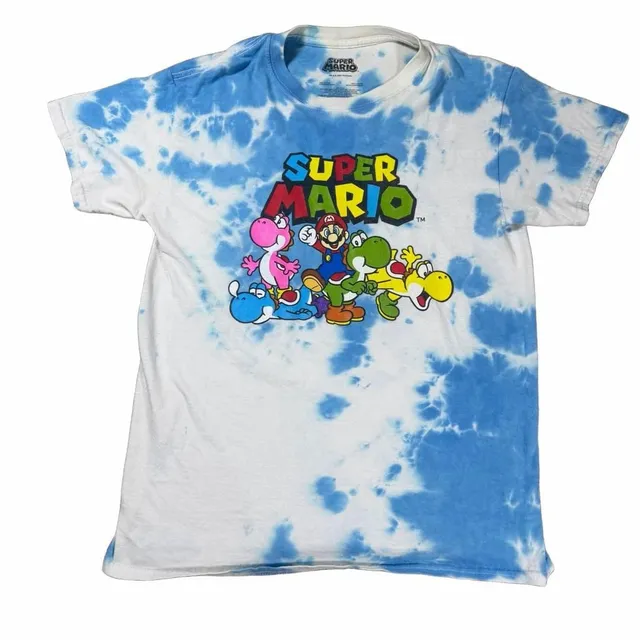 Super Mario T-Shirt Size S Blue White Tie Dye Yoshi Nintendo