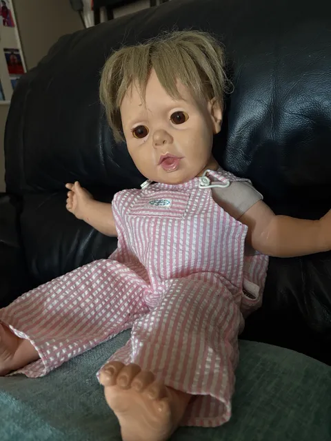 Hasbro Bradley Inc Real Baby Doll H-44 Pink White Stripe Overalls