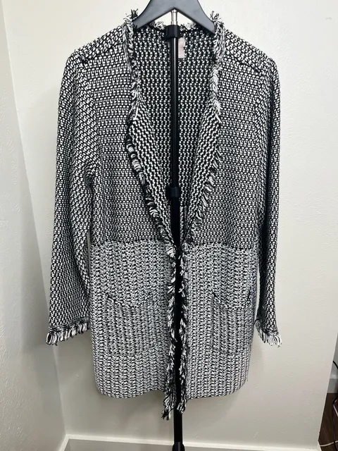 Black & White Tweed Cardigan | Fringe Open-Front Sweater Jacket