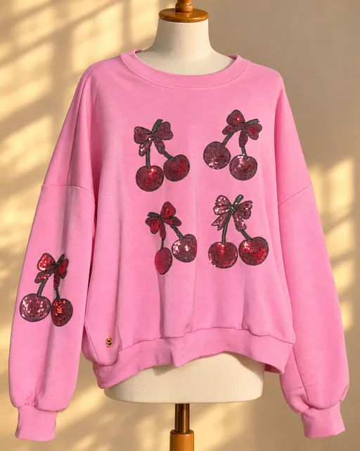 Simply Southern XL Pink Sequin Cherry Sweatshirt Coquette Bow Girly Crewneck