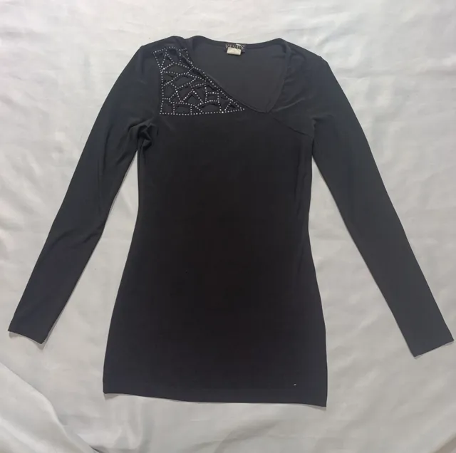 Venus Long Sleeve Top Size XS Black Rhinestone Cutout Shoulder