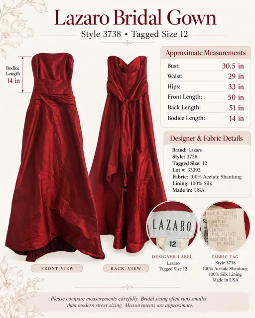 Lazaro Burgundy Red Strapless Bridal Wedding Gown Size 12 Style 3738.