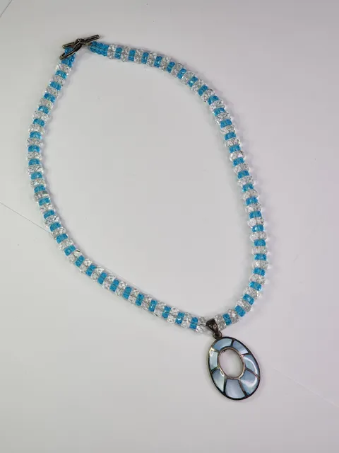Sterling Silver Blue Mother Of Pearl Inlay Pendant On Blue and White Necklace