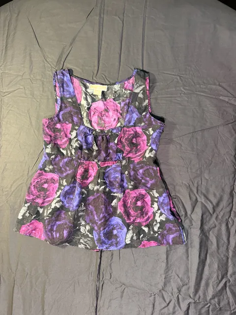 Michael Kors Floral Sleeveless Blouse Size 8 Purple Black Rose Tank Top