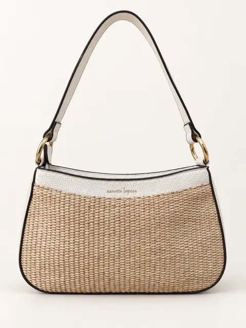 Nanette Lepore Shoulder Bag Beige Rattan Straw White Faux Leather
