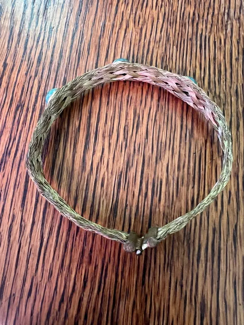 Vintage Woven Brass Metal Cuff Bracelet With Turquoise colored Stones