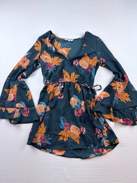 Boho Hint of Blush Floral Wrap Dress Size S Dark Teal Bell Sleeve Tassel