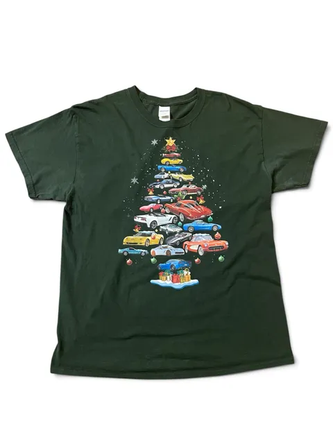 Gildan Corvette Christmas Tree T-Shirt Size L Green Holiday Graphic Tee