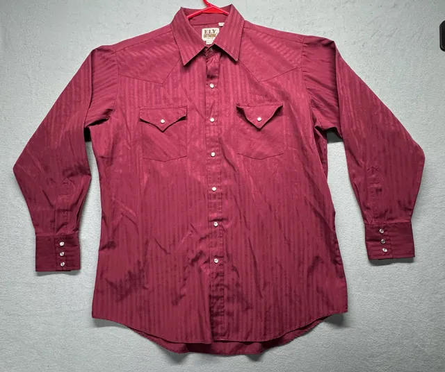 Ely Cattleman Western Shirt Size Large 16.5/34 Burgundy Pearl Snap Long Sleeve