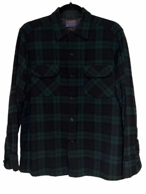 Pendleton Plaid Wool Shirt Size M Green Black Virgin Wool
