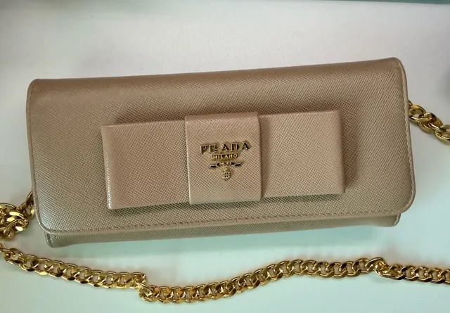 Prada Saffiano Fiocco Bow Long Wallet Chain Beige
