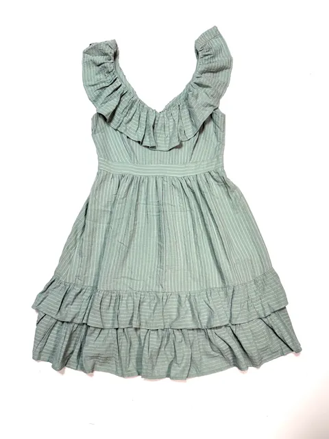 Calvin Klein Women's Dress 10 Cottagecore Coquette Cottage-Glam Old Money Preppy Whimsical Sage Green Seersucker Ruffle Neckline Tiered Hem Sleeveless Fit and Flare Mini Midi Textured Stripe Empire Waist Back Zip Rayon Blend Dry Clean