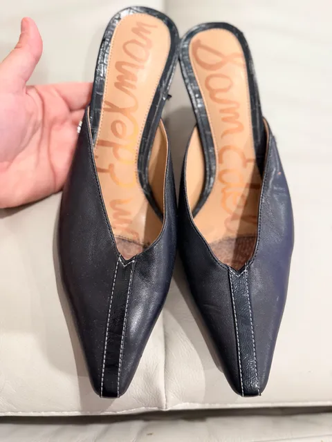 Sam Edelman Black Leather Pointed Toe Kitten Heel Mules