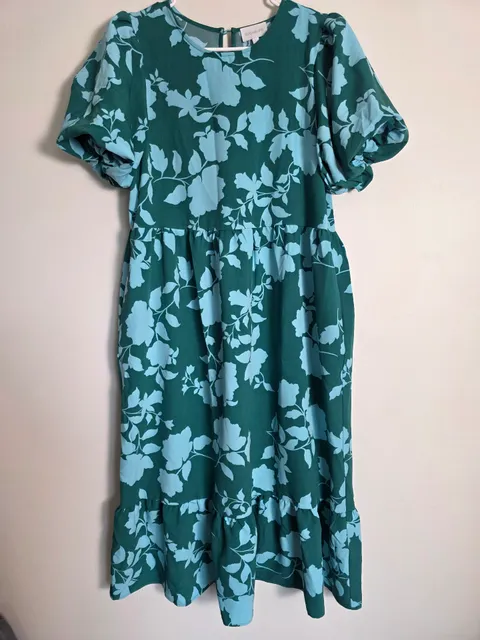 Sugarlips Floral Dress Size M Green Blue Puff Sleeve Midi