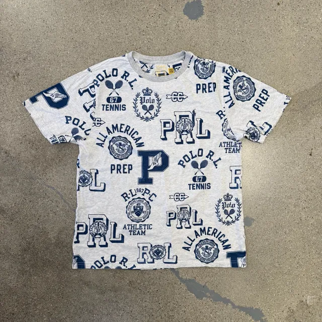 Polo Ralph Lauren All Over Print Graphic T-Shirt Grey Blue Youth XL