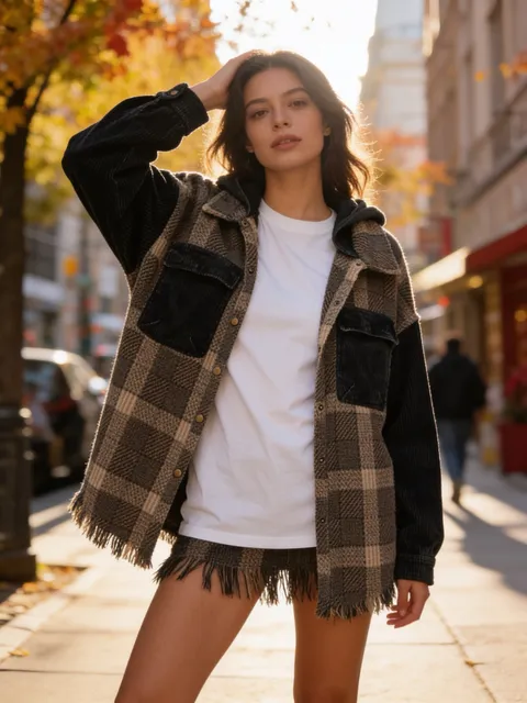 Gilded Intent Plaid Corduroy Hooded Shacket Size L