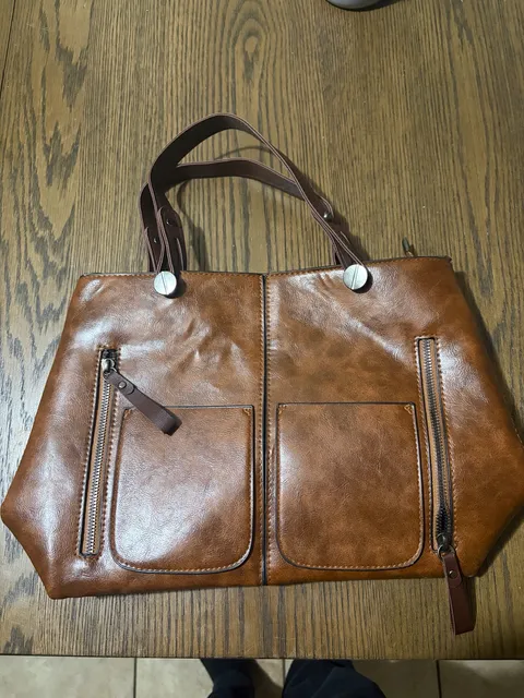 Retro Brown Faux Leather Tote Handbag with Dual Front Pockets