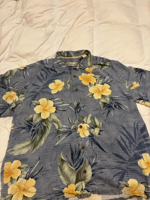 Tommy Bahama Silk Hawaiian Shirt Size XL Blue Yellow Floral Aloha
