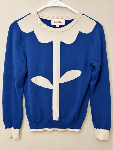 Louche Flower Sweater Size 10 Blue Cotton Long Sleeve Intarsia Knit Top