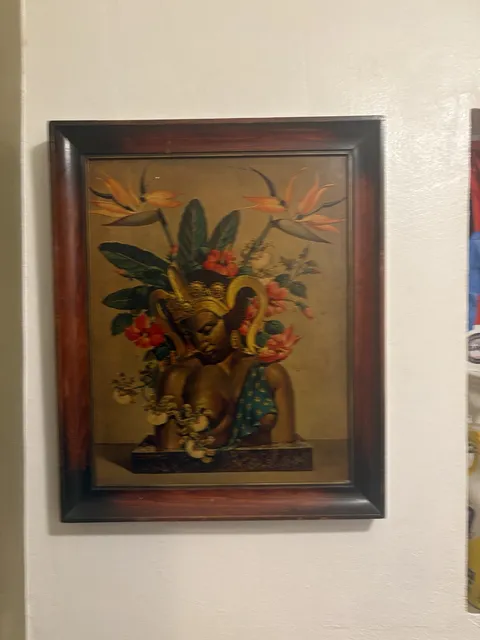 Vintage Balinese Woman bust with tropical flowers framed painting art