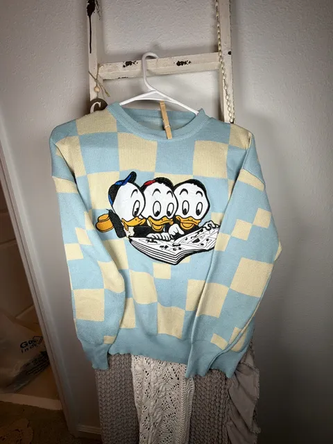 Disney Parks Huey Dewey Louie Sweater Blue Yellow Checkered Knit