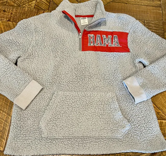 Pink Victoria's Secret Alabama Sherpa Pullover Size S Grey Red Bling